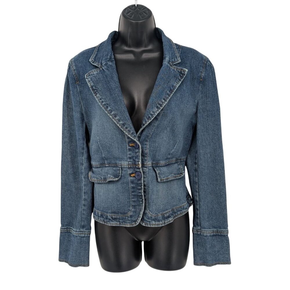Y2K Denim Blazer Jacket Women Size L Button Up Peplum Stretch Tailored Festival